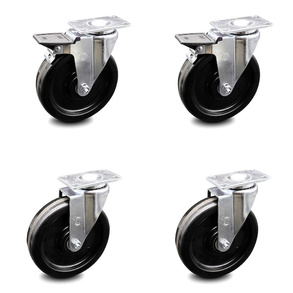 6 Inch Phenolic Wheel Swivel Top Plate Caster Set with 2 Brakes